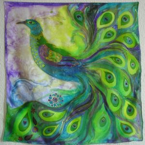 Peacock silk painting by Nicky Perryman Textile Artist