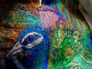 Peacock embroidery with fme and applique by Nicky Perryman Textile Artist