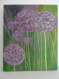 Lilac Alliums - free motion embroidery on painted cotton. Textile Art by Nicky Perryman