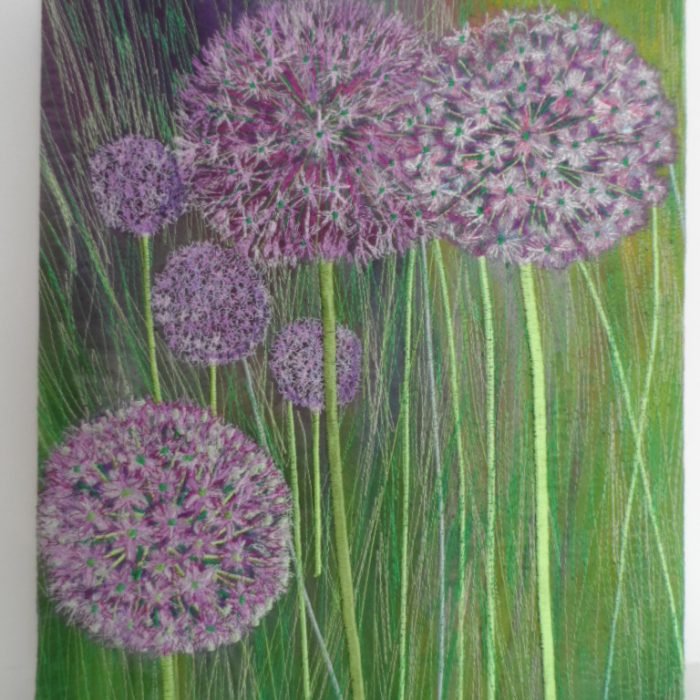 Lilac Alliums - free motion embroidery on painted cotton. Textile Art by Nicky Perryman