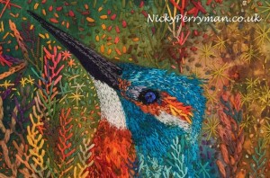 Little Kingfisher detail of embroidery by Nicky Perryman Textile Artist