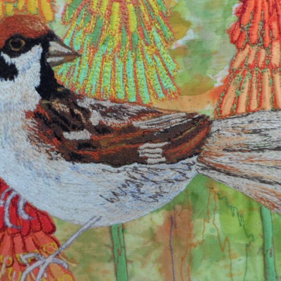 Sparrow embroidery by artist Nicky Perryman