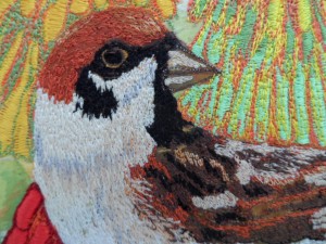 Sparrow on Red Hot Poker by Nicky Perryman Textile Artist
