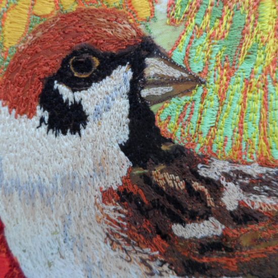 Sparrow on Red Hot Poker by Nicky Perryman Textile Artist