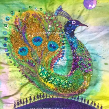 Peacock on a Hilltop embroidery textile art by Nicky Perryman Textile and Mosaic Artist