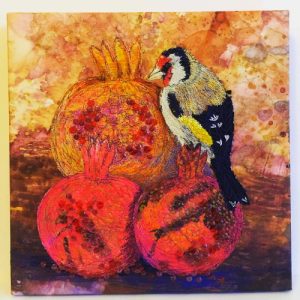 Goldfinch on Pomegranates by Nicky Perryman Textile Artist