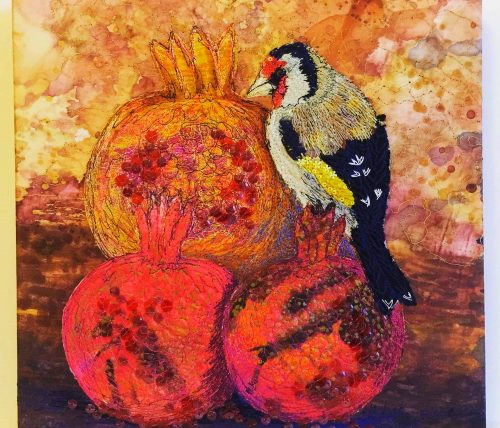 Goldfinch on Pomegranates by Nicky Perryman Textile Artist