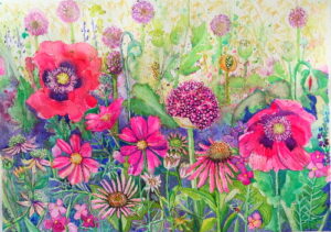 Pink Flower Border Art Print from an Original Watercolour By Artist Nicky Perryman