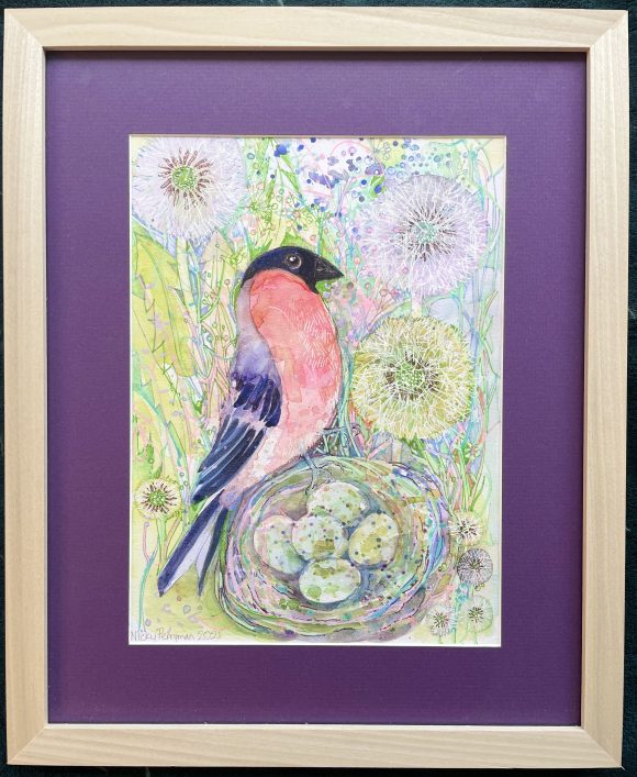 Bullfinch and Dandelions original painting by artist Nicky Perryman