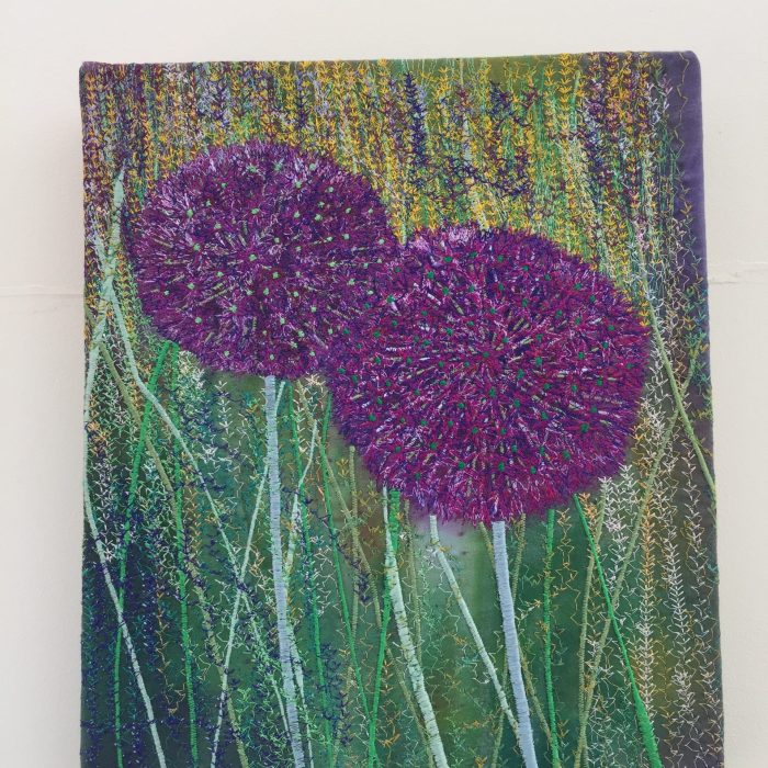 Purple Alliums free motion embroidery by artist Nicky Perryman