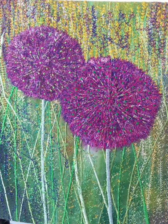 Purple allium free motion embroidery by artist Nicky Perryman