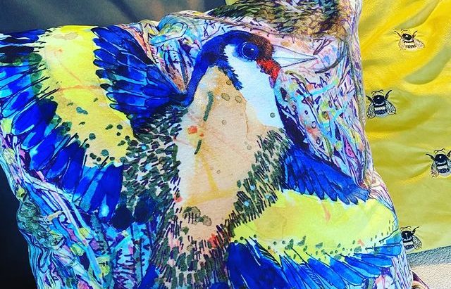 Goldfinch art printed cushion by artist Nicky Perryman