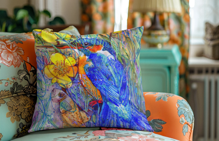 Kingfisher Cushion on sofa