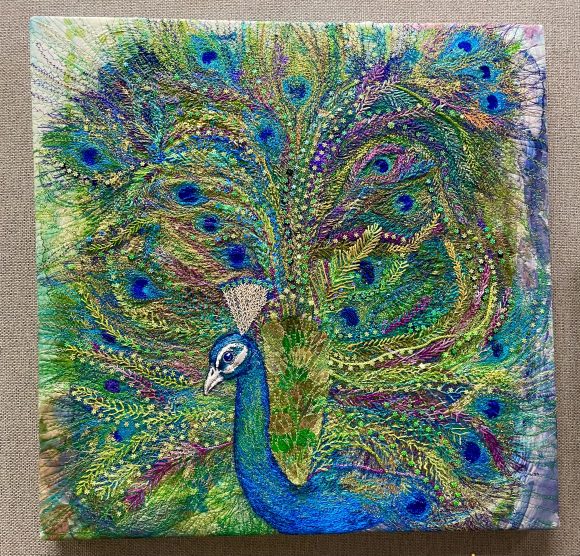 Peacock embroidery by artist Nicky Perryman