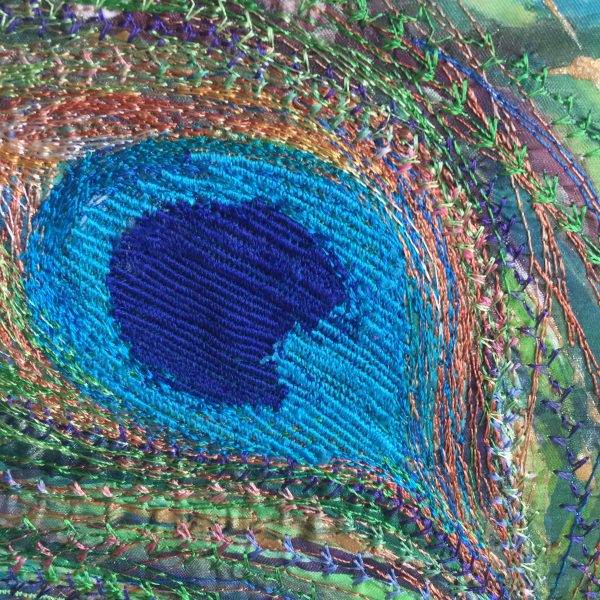 Small Peacock Feathers embroidered wall art by Nicky Perryman