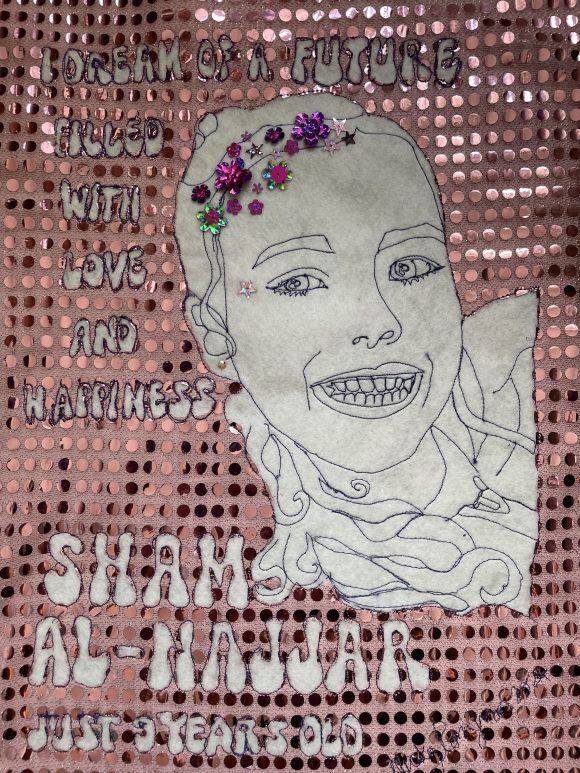 Portrait of Sham Al-Najjar embroidery by Nicky Perryman for Children of Gaza quilt project